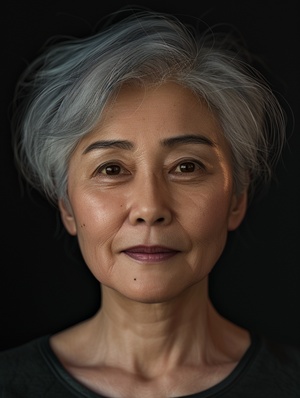 Masterpiece, photo, master level, highest quality, highest resolution, 8K, cg, a 67-year-old amiable Chinese woman, short hair, gray-black hair, black background, frontal photography, head-up view,ar 3:4 v 6.0