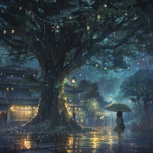 在一个朦胧的夜晚,一个小女孩站在雨中，手里撑着一把伞,旁边有棵大树，树叶晶莹剔透，旁边有几户人家,屋檐上挂着雨珠