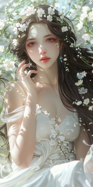 花海，白色婚纱，长长的裙摆，远景，长长飘逸的头发，花环，插画