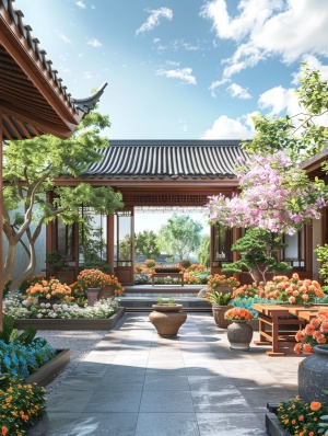 3D rendering of the exterior design, modern courtyard with low walls and roof tiles in the style of Chinese style, surrounded by green trees, flower pots on each side, large windows overlooking blue sky and white clouds, garden furniture, natural light, warm colors, bright sunshine, vibrant flowers blooming, green plants swaying gently. In the style of Cloudepunk style, eye-catching details, ArtStation trend, high resolution.