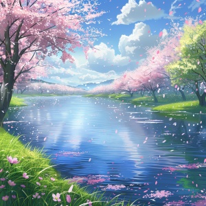 一个美丽的湖水，周围环绕着樱花树，在动漫风格中，有详细的背景，五彩缤纷，在一个幻想世界中，有鲜艳的色彩，在一个阳光明媚的日子里，天空中飘着雪花，一片蓝天，有水波纹，白云，河两岸的绿草如茵，风景秀丽，湖面上漂浮着鲜花，具有高分辨率，超细节，数字艺术，幻想，神奇，在一个幻想世界，幻想艺术，在动漫艺术风格，概念艺术，数字绘画，插画，电影，史诗。