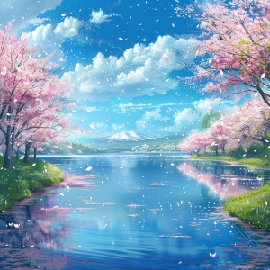 一个美丽的湖水，周围环绕着樱花树，在动漫风格中，有详细的背景，五彩缤纷，在一个幻想世界中，有鲜艳的色彩，在一个阳光明媚的日子里，天空中飘着雪花，一片蓝天，有水波纹，白云，河两岸的绿草如茵，风景秀丽，湖面上漂浮着鲜花，具有高分辨率，超细节，数字艺术，幻想，神奇，在一个幻想世界，幻想艺术，在动漫艺术风格，概念艺术，数字绘画，插画