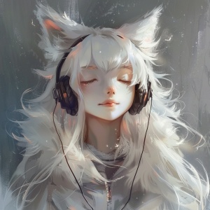 每天一点好听的音乐，有音符，戴耳机听歌的白狐狸，可爱，闭眼，微笑，相信美好和明天