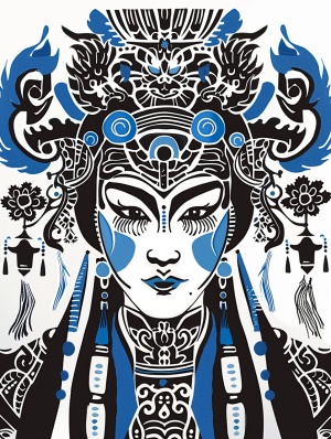 Chinese traditional opera actors composed of geometric shapes, whitebackground, black and blue style, Keith Haring style doodles, sharpie illustration