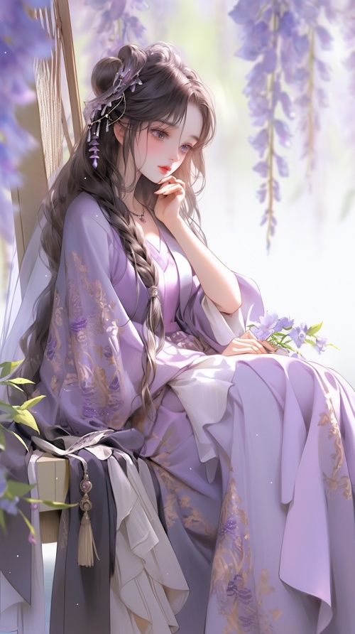 倾国倾城的美丽女孩，身穿淡紫色汉服，古典精致，全身图