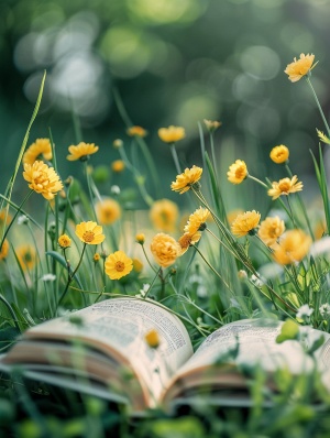 绿色土地上成片的黄色油菜花,一本书，室外,背景虚化,自然光,长焦镜头
