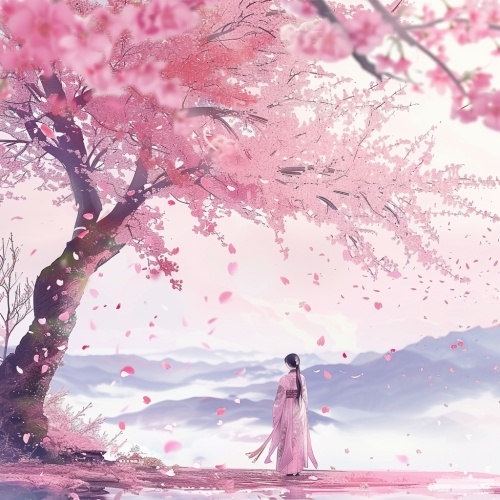 粉红色樱花树下，一个穿汉服的少女正在看向樱花