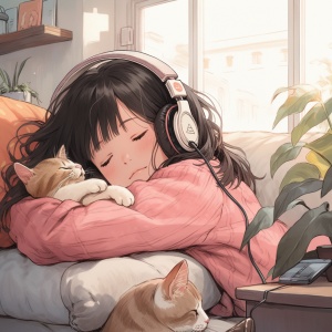沙发上，有一位少女，穿着萌萌的小猫睡衣，坐躺在沙发上睡得正香。少女的面前，一个被支起来的平板，正播放着电视剧。而地上，正静静躺着一副耳机。