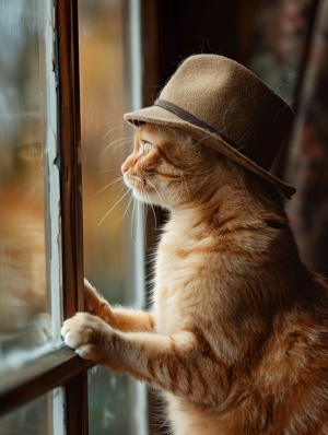 一只可爱的黄色猫猫戴着帽子 站起来猫爪搭在窗边往外面看，室内，侧方视角，侧脸，看向一边，8k，大师杰作