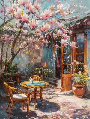 明媚的阳光洒进玉兰满园的小院，藤条做的桌子和椅子，温馨氛围的中式美学
