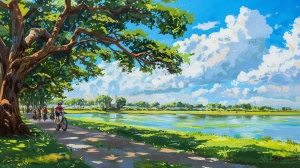 青草河堤，蓝天白云，榕树下，骑自行车的学生。