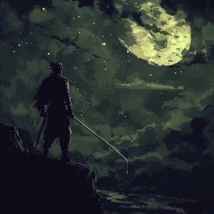 生成一张一位男人在黑夜中拔剑的背影
