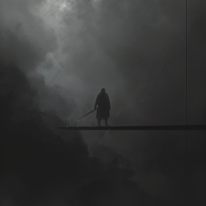 黑夜里，一周围起了薄薄的雾气，有一块悬浮的石板，一位男人的背影屹立在石板上，手中握着一把剑。