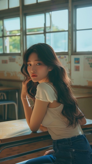 there is a woman sitting on a desk in a classroom, gorgeous young korean woman, korean girl, beautiful south korean woman, beautiful young korean woman, korean women's fashion model, korean woman, jaeyeon nam, wearing a cute top, beautiful asian girl, heonhwa choe, wearing crop top, female actress from korea