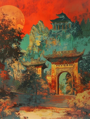 古代建筑 红色s.mj.runIQ3_eX0GXPY A painting depicting a colorful traditional Asian landscape, In the style of red and bronze, Large-scale mural, Monochrome realism, Bright painting, Fascinating illustrations, The art of precision, Historical Replica - Zechariah ar 3:4 stylize 50 iw 2s.mj.runIQ3_eX0GXPY一幅描绘多彩的传统亚洲风景的画作，以红色和青铜的风格，大规模壁画，单色现实主义，明亮的绘画，迷人的插图，精确的艺术，历史复制品-撒迦利亚
