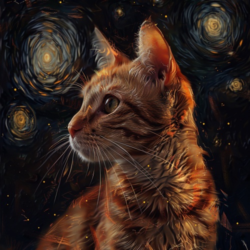 猫咪 星空a cat in a starry night painting, in the style of light red and amber, high detailed ar 3:4 stylize 750 v 6一只猫在星夜画，风格为淡红色和琥珀色，高细节