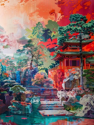 古代建筑 红色s.mj.runIQ3_eX0GXPY A painting depicting a colorful traditional Asian landscape, In the style of red and bronze, Large-scale mural, Monochrome realism, Bright painting, Fascinating illustrations, The art of precision, Historical Replica - Zechariah ar 3:4 stylize 50 iw 2s.mj.runIQ3_eX0GXPY一幅描绘多彩的传统亚洲风景的画作，以红色和青铜的风格，大规模壁画，单色现实主义，明亮的绘画，迷人的插图，精确的艺术，历史复制品-撒迦利亚