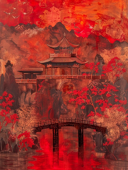 古代建筑 红色s.mj.runIQ3_eX0GXPY A painting depicting a colorful traditional Asian landscape, In the style of red and bronze, Large-scale mural, Monochrome realism, Bright painting, Fascinating illustrations, The art of precision, Historical Replica - Zechariah ar 3:4 stylize 50 iw 2s.mj.runIQ3_eX0GXPY一幅描绘多彩的传统亚洲风景的画作，以红色和青铜的风格，大规模壁画，单色现实主义，明亮的绘画，迷人的插图，精确的艺术，历史复制品-撒迦利亚