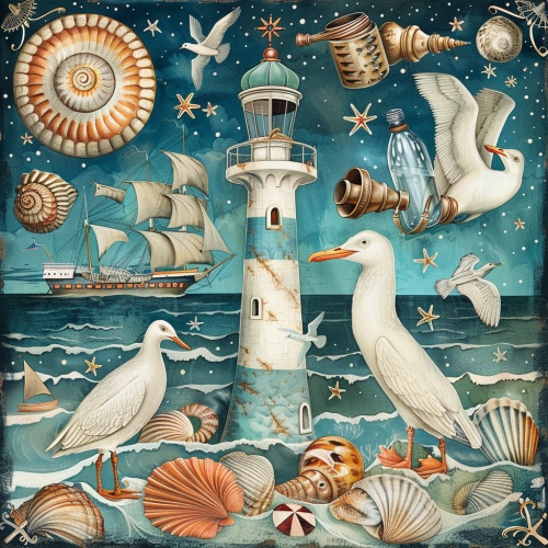 白底 海洋动物、轮船，望远镜，漂流瓶，灯塔，贝壳，救生圈， 手绘插画