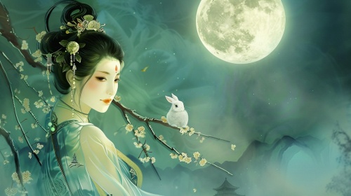 中国神话中嫦娥形象，以月宫、桂树、玉兔为背景