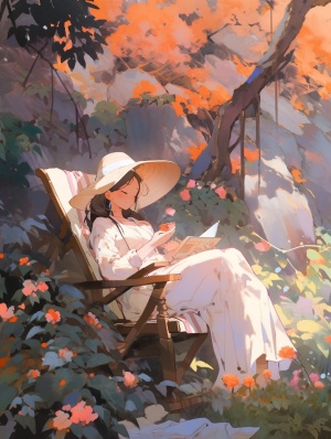 一个女孩在深山桃花园中，坐在躺椅上，看书，绘画，宫崎骏风格，新海诚风格