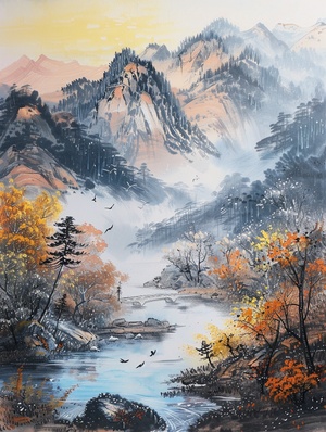 黑金山水意境画很复古 关键词远看山有色，近听水无声；春去花还在，人来鸟不惊。#Ai绘画 #山水画 #新中式 #新中式风格 #古风插画 #印象派 #写意国画 #AIGC #midjourney #我和AI有画说 #ai关键词 #复古 #AI插画 #中国风 #ai