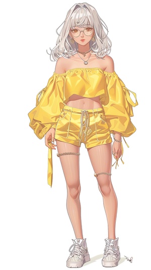 A cute girl with white hair, yellow top and suspenders on her legs wearing glasses. She is depicted in the style of anime with a full body portrait. The background of the illustration should be pure white. Her outfit includes high-top sneakers, short shorts, long sleeves, round neck, flat shoes, gold earrings, and a necklace. It has a flat design aesthetic and features high resolution, detailed facial expressions, detailed and natural lighting. ar 3:4