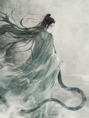 女娲补天，远景，长发飘飘，人身蛇尾，插画，中国风