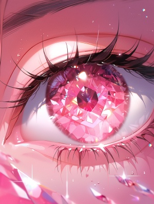 一个粉色的眼睛，眼部特写，粉色眼影，钻石，璀璨