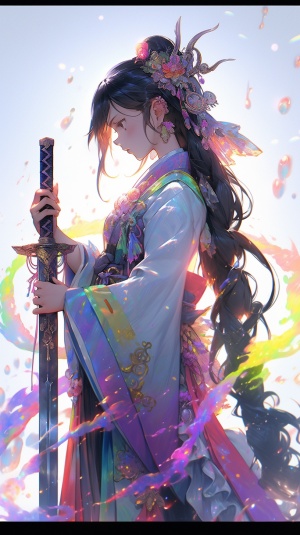 全身拍摄，有一个女孩穿着中国传统服装，手拿一把长剑，全息效果，显示灯光，正面视图，柔和的渐变，干净的背景，超精细的细节,难以置信的美丽，梦幻彩虹核心，