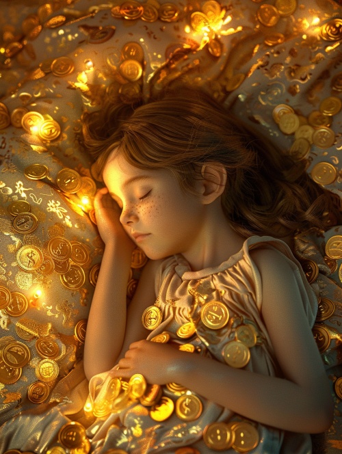 皮克斯风格，小女孩在床上睡觉，自己被金币和钞票包围。照片采用鸟瞰角度，清晰展示了床上的小女孩和周围的财富。金色的灯光照亮了整个场景，营造出温暖而豪华的氛围，兴奋，床上，金币，钞票，财富，金色灯光，温暖，豪华。 s 650 niji 5