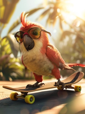 一只酷酷的可爱的肥嘟嘟胖嘟嘟的鹦鹉驾驶滑板，阳光明媚，层次感分明，立体感，电影情节。获得奖章。