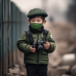一名中国小男孩农村治安巡逻员，身穿黑色和绿色马甲制服，手臂上有一块红色布写着巡逻，站在身后的灰墙旁边，是在农村执行任务管治，他们都戴着口罩抵御寒冷的天气。场景是使用佳能相机以专业摄影师的风格拍摄的，照片具有高分辨率。它非常详细。