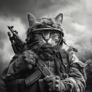 可爱的猫猫穿着军装拿着现代武器在战场打仗，黑白色背景