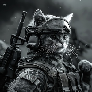 可爱的猫猫穿着军装拿着现代武器在战场打仗，黑白色背景
