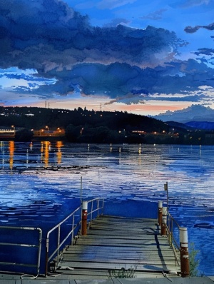 克莱因蓝水彩画：湖边傍晚的码头之杰作