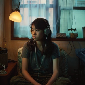 A young woman of East Asian descent sits alone in a dimly lit room, her head resting on her knees as she listens to music through headphones.