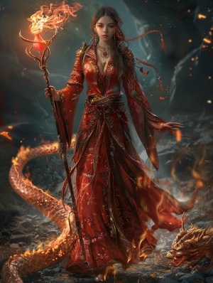 美丽的女魔法师，手持一根长长的精美法杖，法杖顶端有一颗发光的魔法水晶，身穿红色法袍，上面有复杂精美的纹饰，身周缠绕着繁复的魔法阵，一条火焰巨龙盘旋在她的脚下，超精美画面，32k
