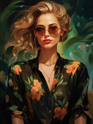 时尚女性肖像画：墨镜、金耳环与绿色植物
