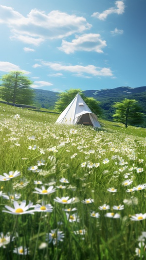 C4D春天的浅绿色草坪开满了白色小花，远处的山坡上有个帐篷，绿意盎然，绿色调，阳光明媚