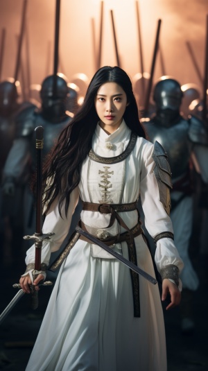 Chinese female soldiers in white armor, holding swords and standing on the battlefield, with exquisite facial features, long hair, black eyes, gorgeous costumes, movie lighting effects, high-definition photography, and a group of them in the style of movie lighting effects. ar 71:12