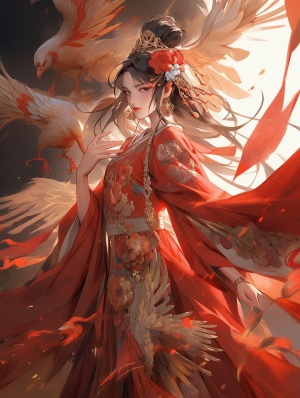 中国古代风格，红衣美女，火凤凰