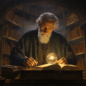 前面站着一位睿智的老人，被灯的光照亮，以图书馆为背景