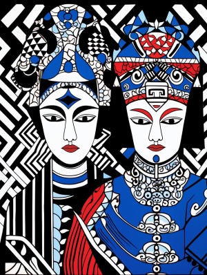 Chinese traditional opera actors composed of geometric shapes, white background, black and blue style, Keith Haring style doodles, sharpie illustration#