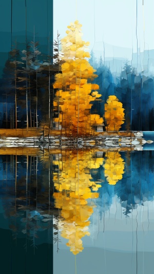 春天，湖畔，岸边，一棵自桦树，具有镜像领域的风格，中国农村，深蓝宝石和琥珀色，平静的水，大胆的色彩调色板，深白色和黄色，大胆的着色
