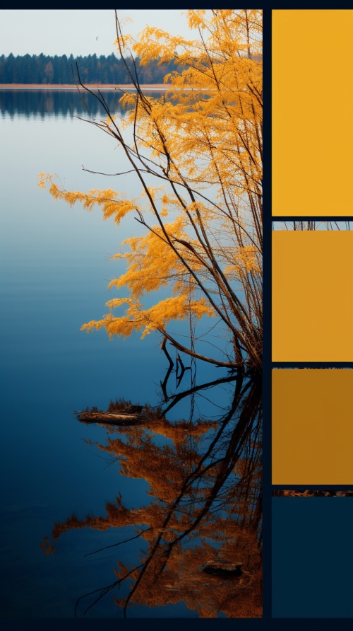 春天，湖畔，岸边，一棵自桦树，具有镜像领域的风格，中国农村，深蓝宝石和琥珀色，平静的水，大胆的色彩调色板，深白色和黄色，大胆的着色