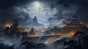 香积寺的宁静夜晚，寺庙的轮廓在月光下显得格外神秘。四周是静谧的村庄和远处隐约可见的唐军营帐。