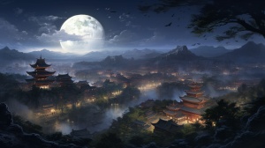 香积寺的宁静夜晚，寺庙的轮廓在月光下显得格外神秘。四周是静谧的村庄和远处隐约可见的唐军营帐。
