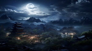 香积寺的宁静夜晚，寺庙的轮廓在月光下显得格外神秘。四周是静谧的村庄和远处隐约可见的唐军营帐。