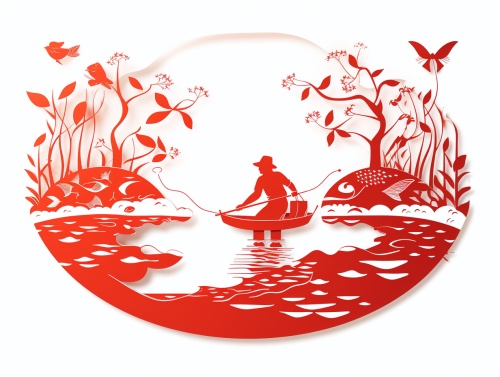 极简的，中国剪纸，关于捕鱼，平面单层，矢量剪纸，镂空红色，无阴影，白色背景